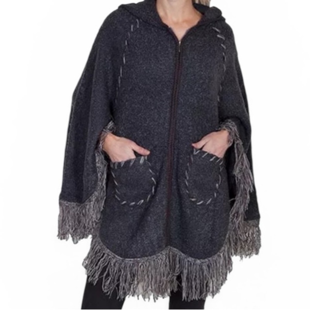 Fringe Trim Hooded Poncho Jacket